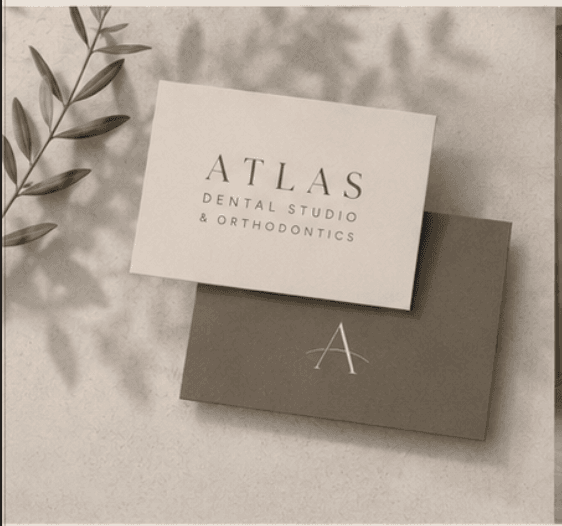 Atlas Dental Studio & Orthodontics brand cards with olive branch