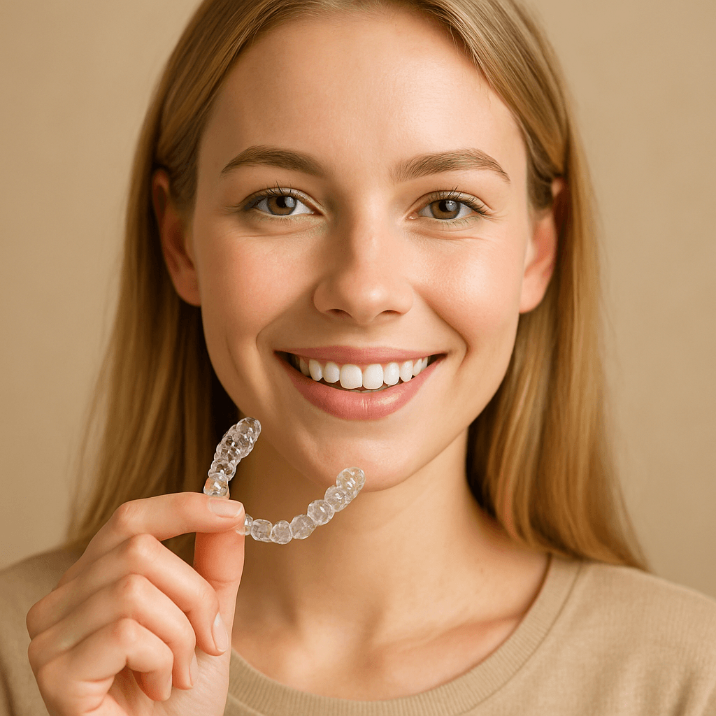 An adult patient holding a clear aligner