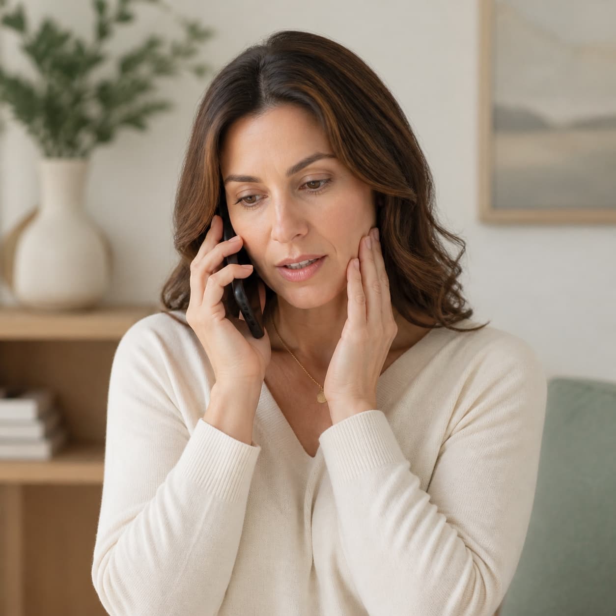 Woman with tooth pain calling Atlas Dental for a same-day emergency appointment