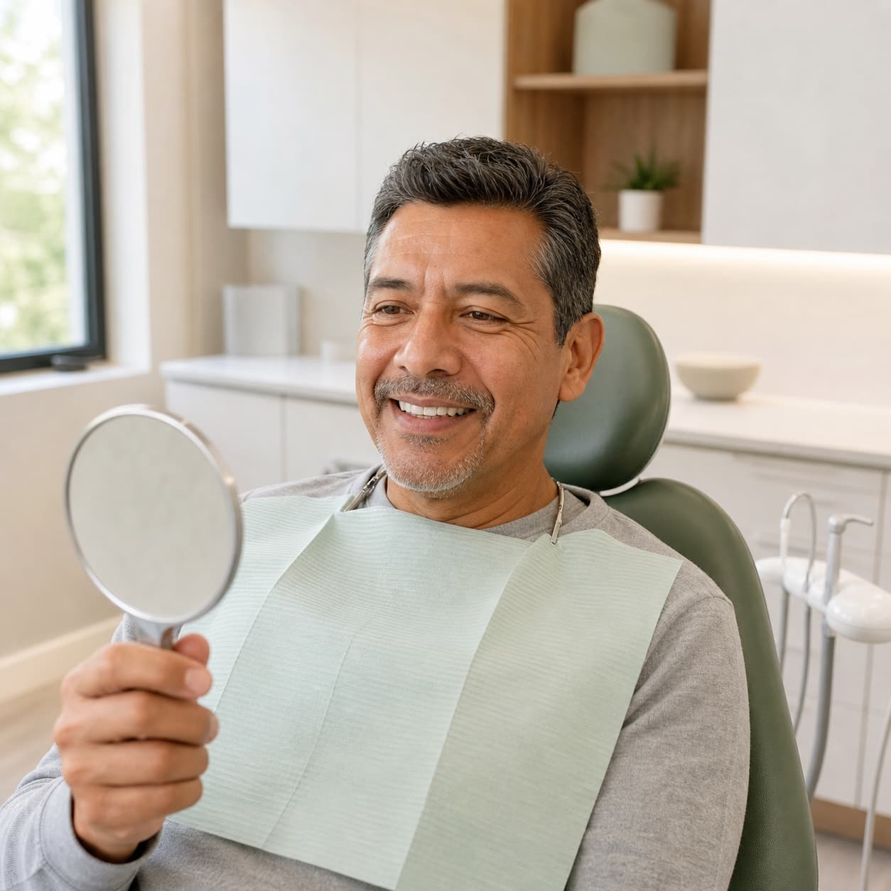 Smiling patient admiring his restored smile in a hand mirror at Atlas Dental